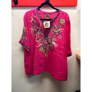 Johnny Was Pink Heavily Embroidered Pink/Green and Yellow Flowers Blouse